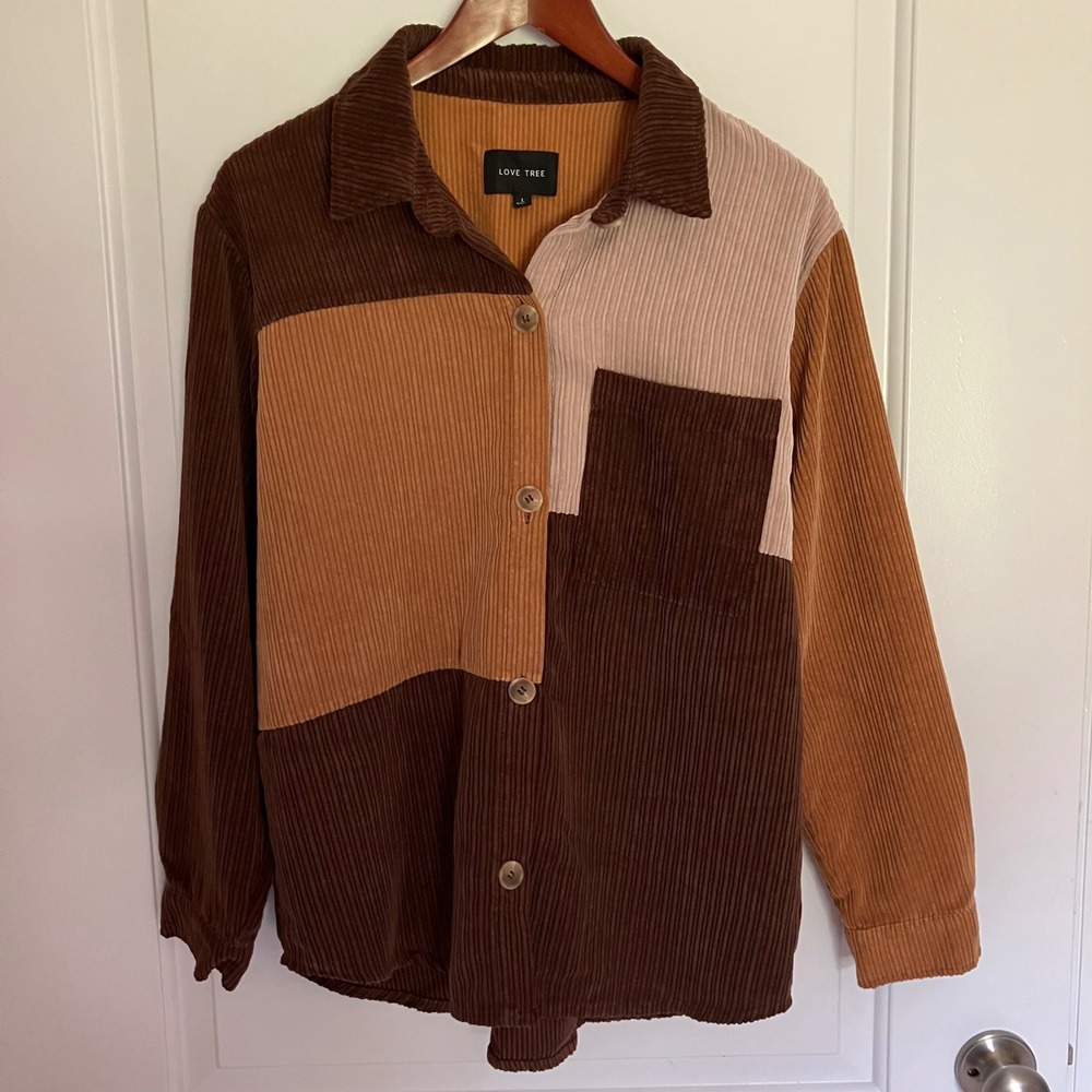 Love Tree Colorblock Corduroy Button Down Shirt Brown Tan Cream Large 80061JM